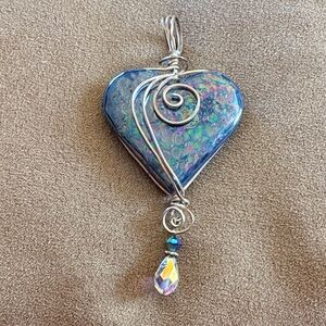 Artisan Handmade Wire Wrapped Dichroic Glass Heart Pendant – Iridescent Blue